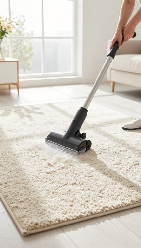 Professional hot-water extraction cleaning a wool rug in a sunlit living room