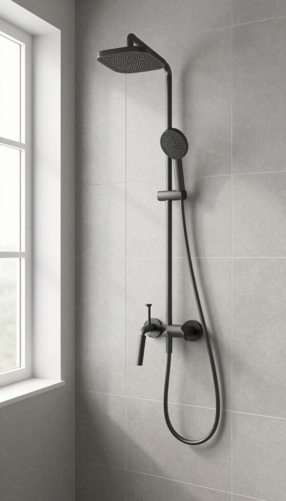 Vertical stacked rectangular tiles in a modern shower, drawing the eye upward with clean lines and natural light
