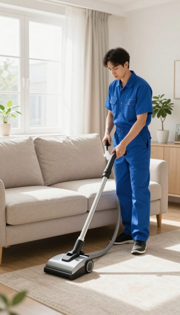 Professional steam cleaning a beige couch in a bright living room