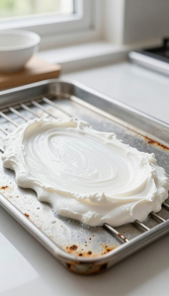 Oven rack with cream of tartar and hydrogen peroxide paste applied to rust spots, natural light, clean kitchen background