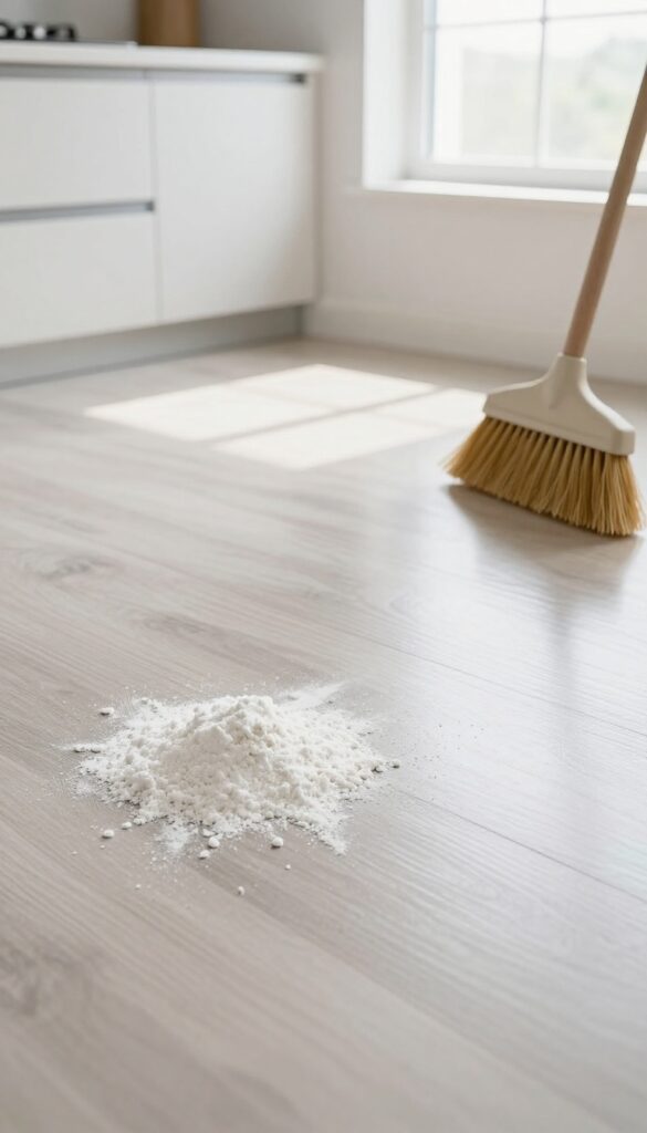 Cornstarch sprinkled on greasy laminate floor for cleaning