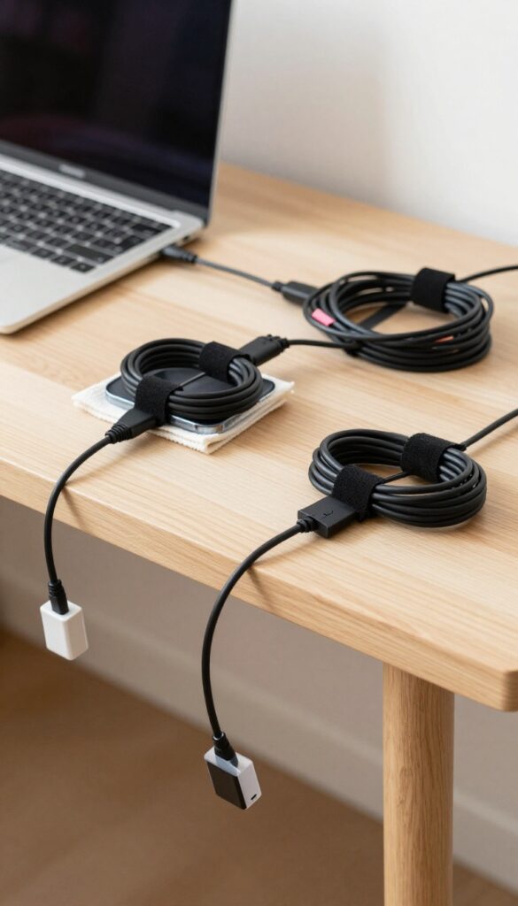 Organized cables and electronics on a clean desk with labeled bundles and adhesive clips