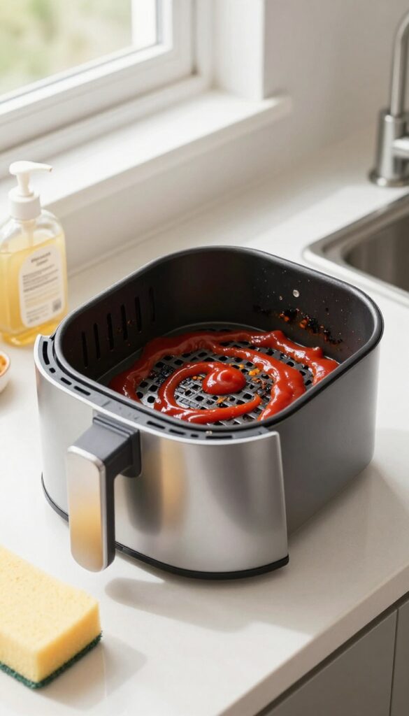 Air fryer basket with ketchup applied to burnt-on residue for cleaning
