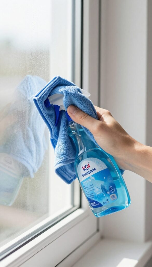 Hand wiping a clean window with a microfiber cloth and a blue glass cleaner bottle on the sill
