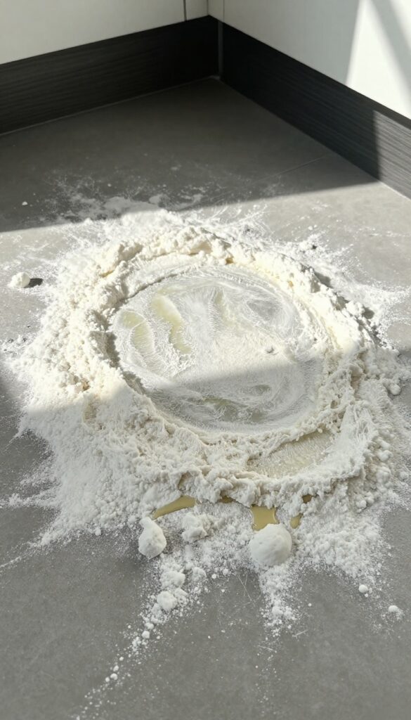 Dry baking soda sprinkled on a fresh grease spill in an oven, absorbing the oil before it bakes on.