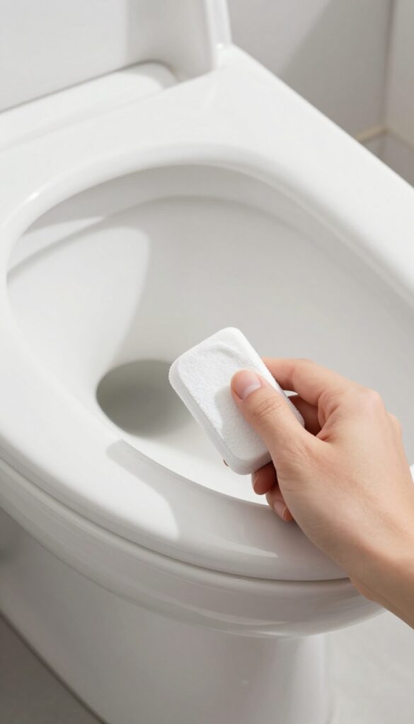 Hand using a magic eraser to remove a scuff mark from a toilet bowl