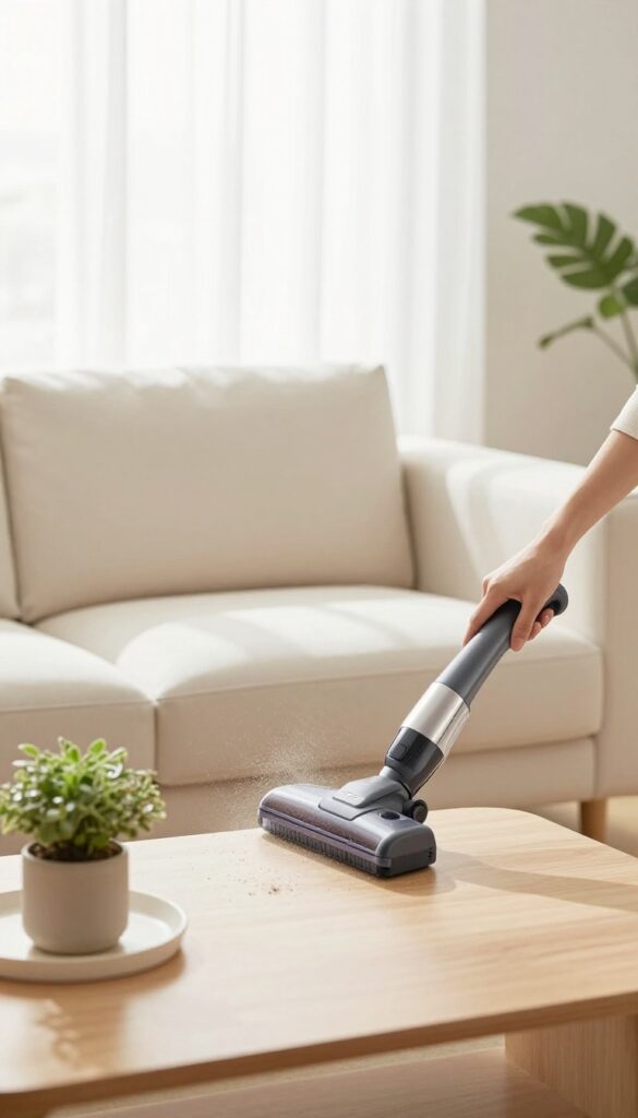 Person vacuuming upholstered sofa with brush attachment in bright living room