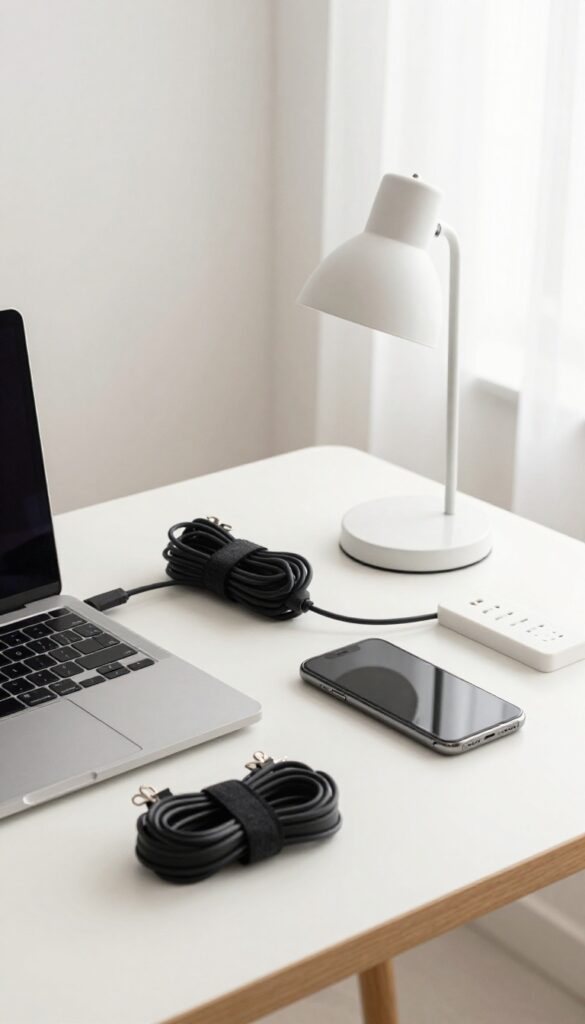 Organized desk with bundled cables and hidden power strip