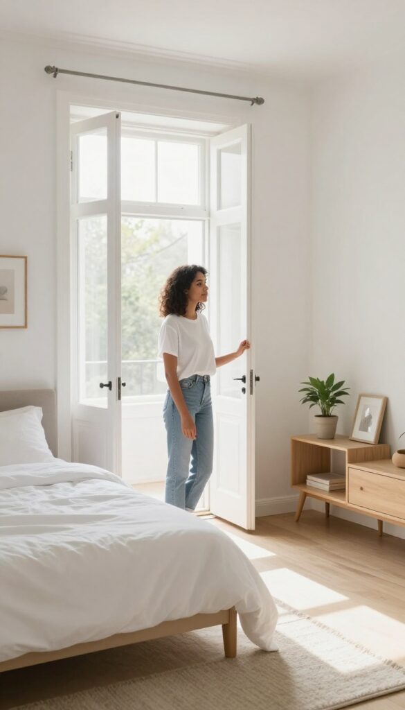 Woman standing at bedroom doorway doing final scan of tidy room with subtle imperfections like crooked frame and tilted lampshade