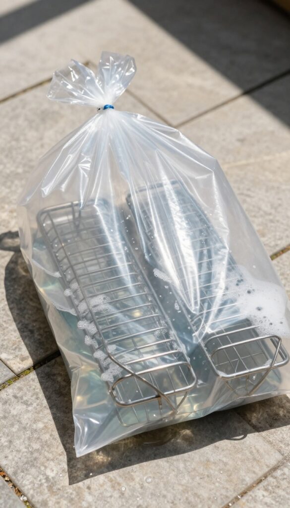 Garbage bag method for cleaning oven racks with dish soap in sunlight