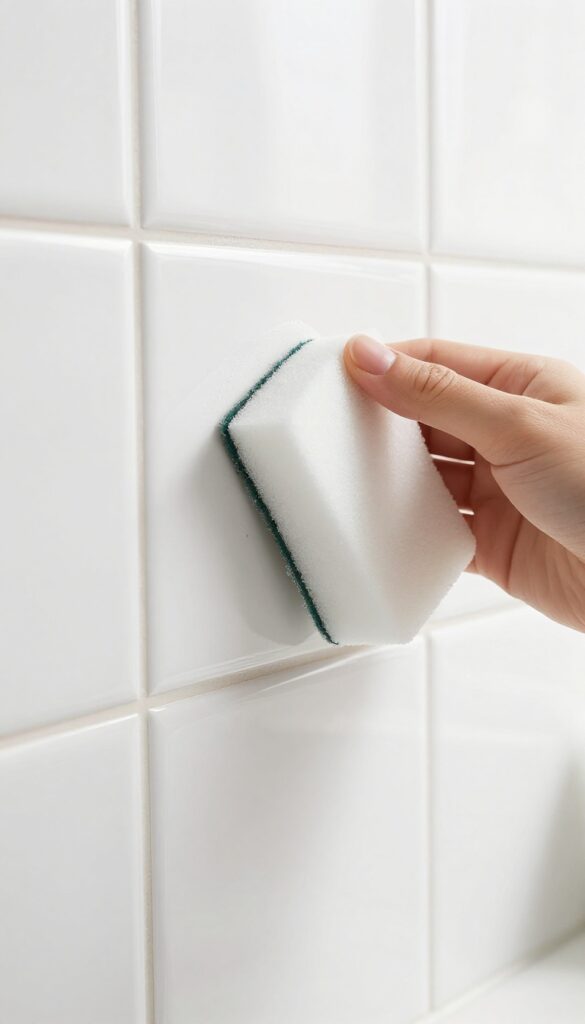 Hand using a Magic Eraser to clean grout on a white tile backsplash