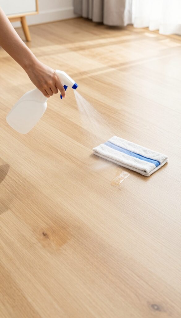 Spray bottle misting cleaner on laminate floor with dry microfiber mop nearby