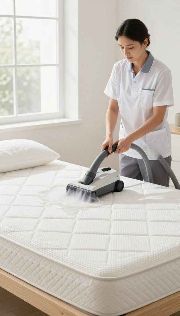Professional mattress cleaning with steam machine in bright bedroom