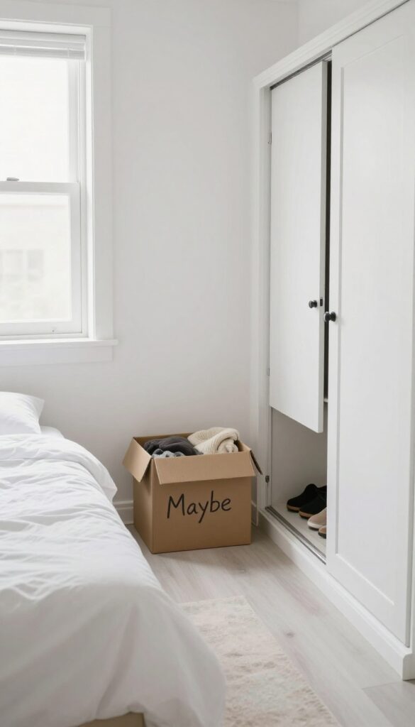A cardboard box labeled 'Maybe' on a bedroom floor, with a tidy closet and natural light.