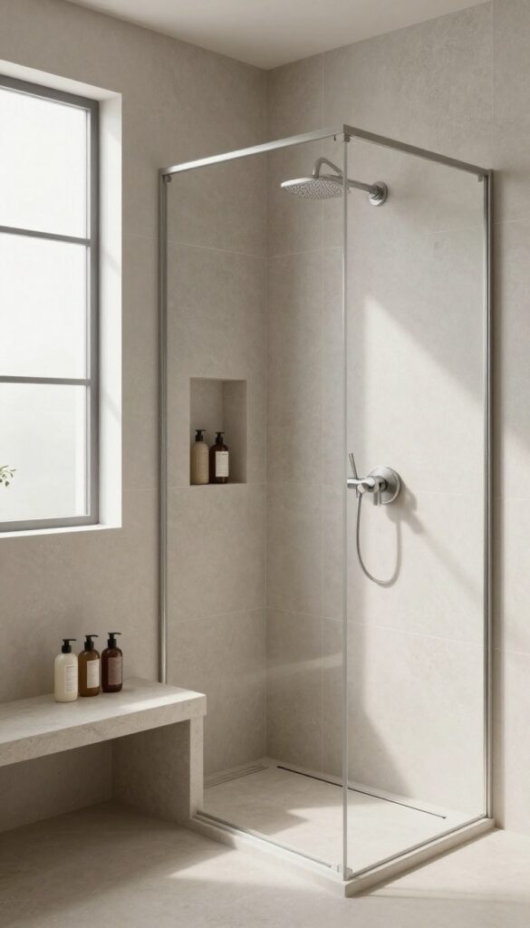 Curbless shower with built-in bench and recessed niche for storage