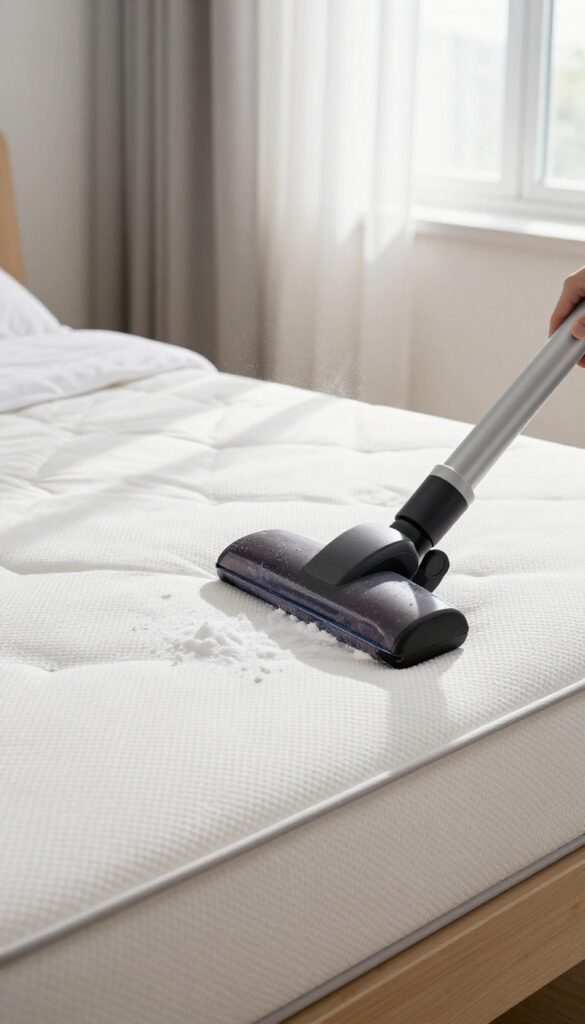 Vacuuming baking soda off a mattress with an upholstery attachment in a bright bedroom