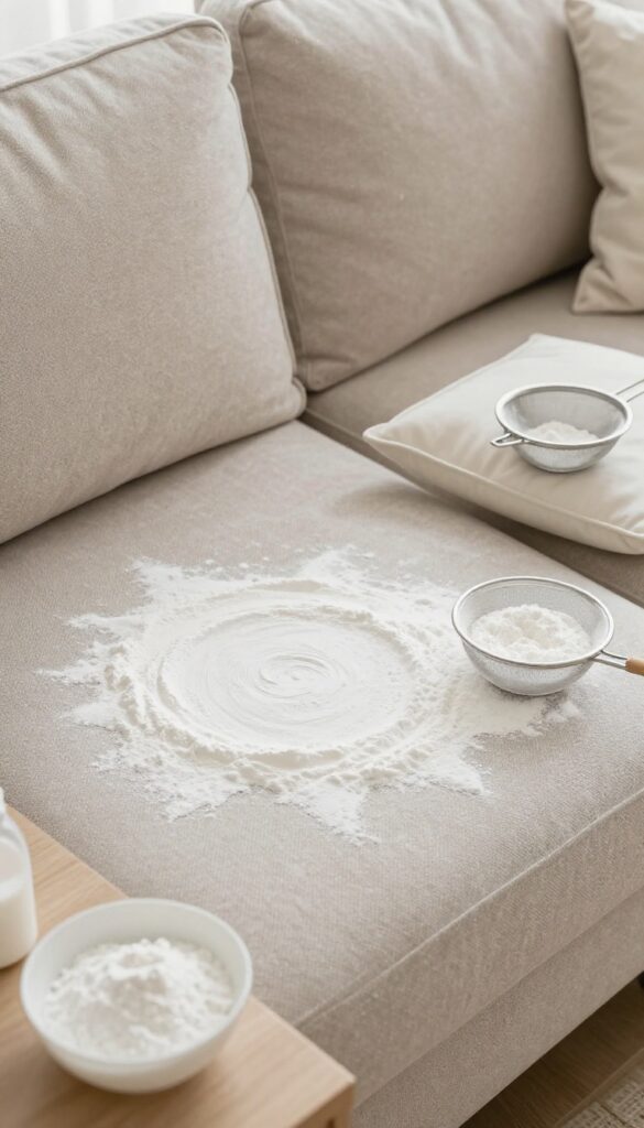 Sofa with baking soda sprinkled over fabric for deodorizing