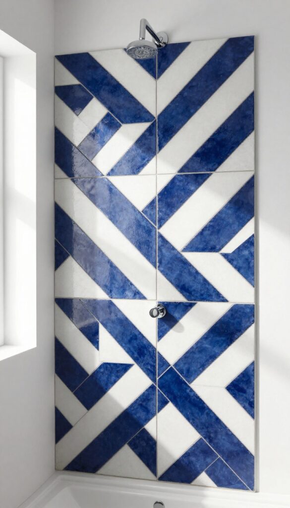 Bold patterned cement tiles on a shower wall with geometric navy and white diamond design