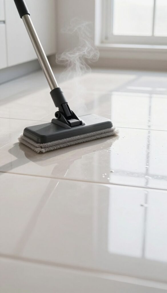 Steam mop cleaning sealed ceramic tile floor in a bright kitchen