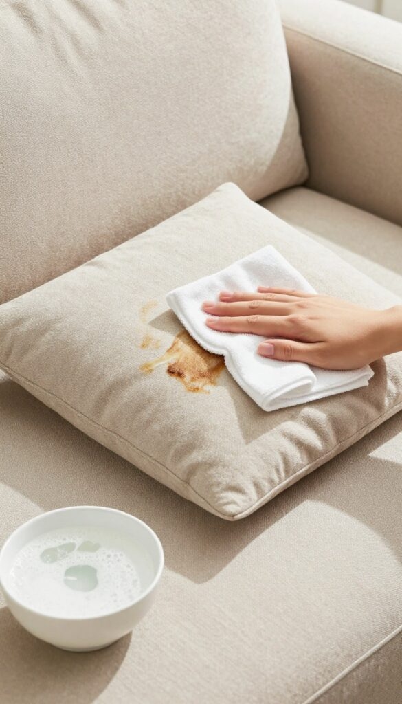 Blotting a grease stain on a sofa cushion with a damp cloth and dish soap solution