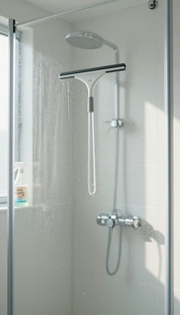 Shower glass with squeegee and daily spray cleaner in bright bathroom