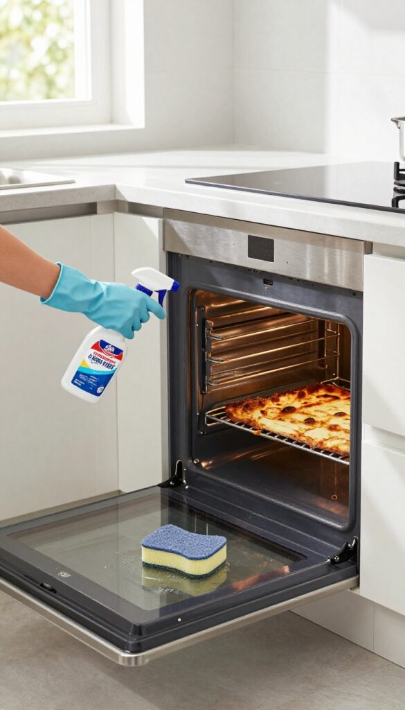 Person wearing gloves and glasses spraying commercial oven cleaner into a dirty oven with baked-on grime