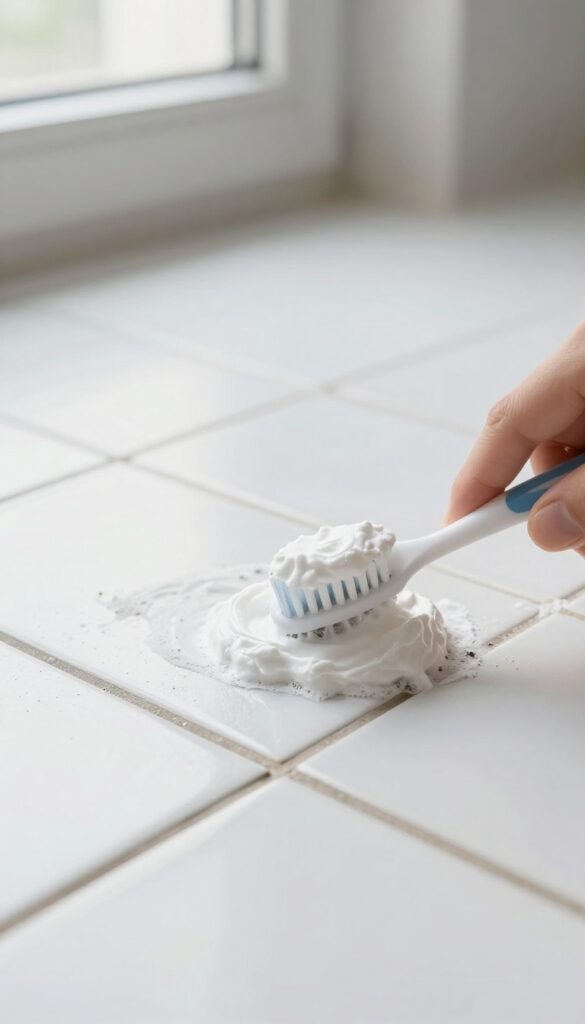 A hand scrubbing baking soda paste into grout lines on a tile floor with a toothbrush.