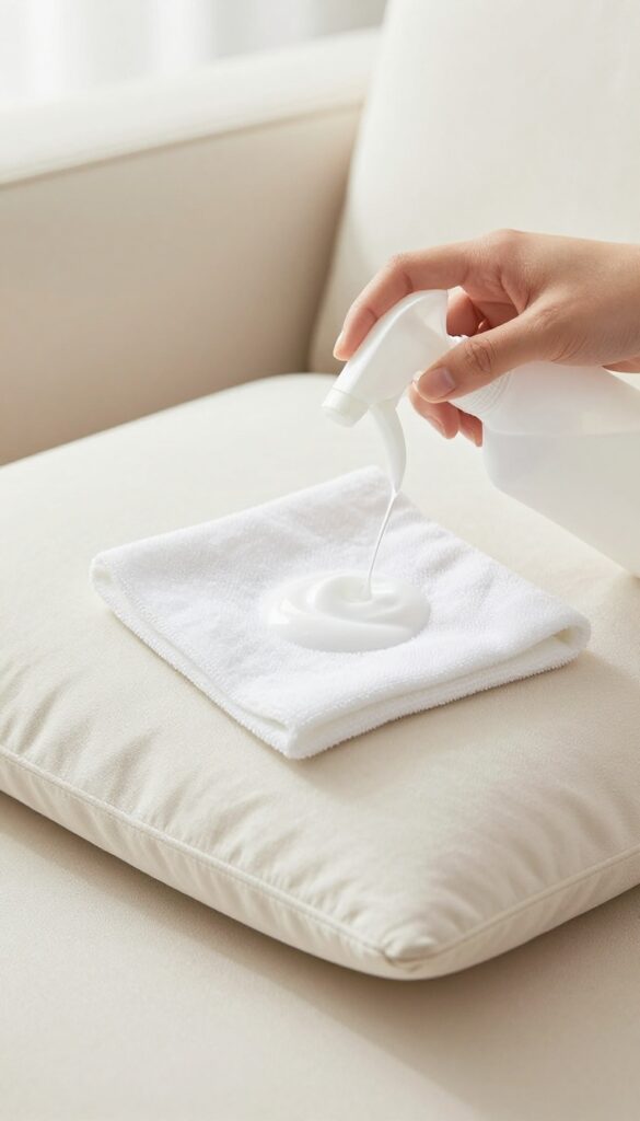Person gently cleaning a microfiber couch cushion with a soft cloth and spray bottle in natural light.
