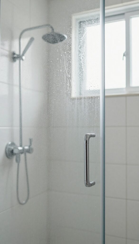 Spraying cleaning solution on a glass shower door