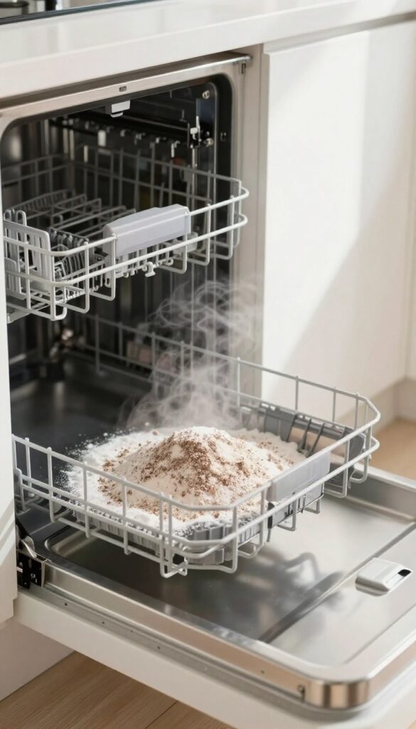 Open dishwasher with baking soda sprinkled on the bottom, steam rising, clean kitchen background.