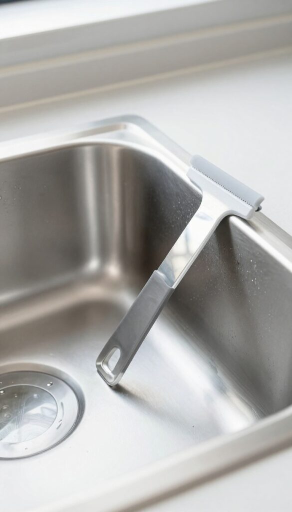 Stainless steel sink with a squeegee, showing a bright, streak-free finish.
