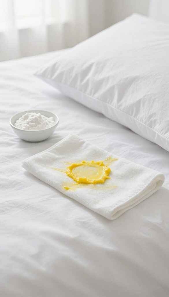 Close-up of a white pillow with a fresh yellow stain, baking soda paste, and a damp cloth nearby in bright natural light.