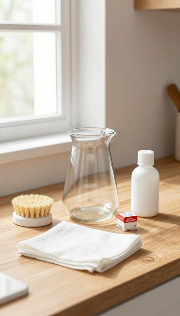Monthly coffee maker cleaning supplies arranged on a kitchen counter