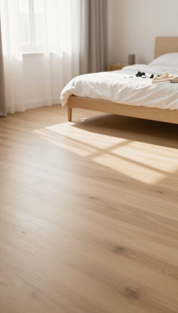 Clear bedroom floor with a pile of items on the bed, bright natural light, clean and organized room
