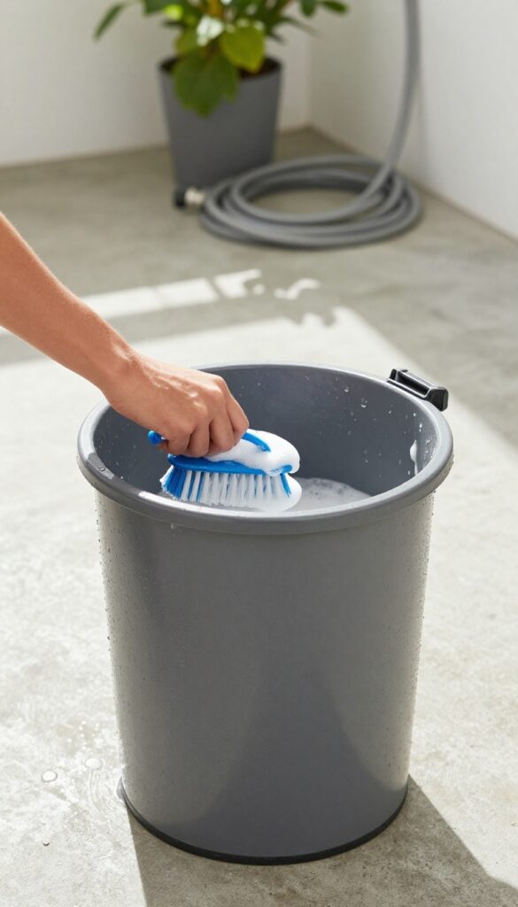Person scrubbing a trash can outdoors with a brush and soapy water, sunlight shining, clean and fresh kitchen cleaning scene