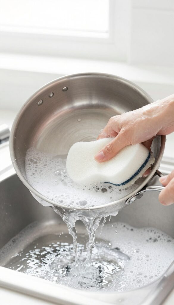 Cleaning a stainless steel pan with dish soap and warm water using a soft sponge in a bright kitchen