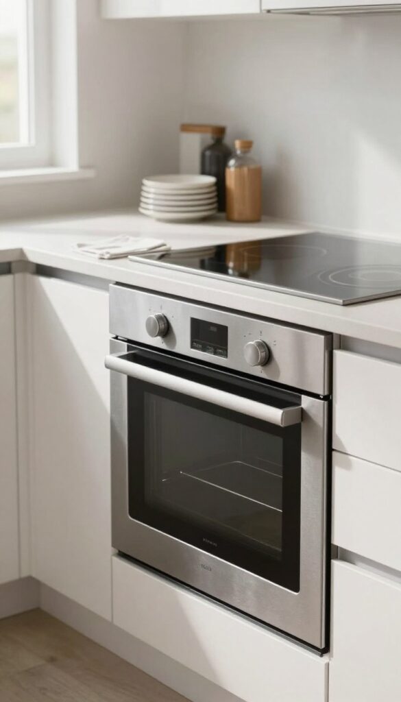 Clear kitchen counter and stovetop around oven, ready for cleaning