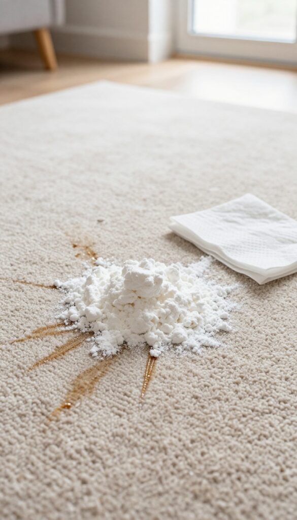 Cornstarch being sprinkled on a fresh grease stain on a beige carpet