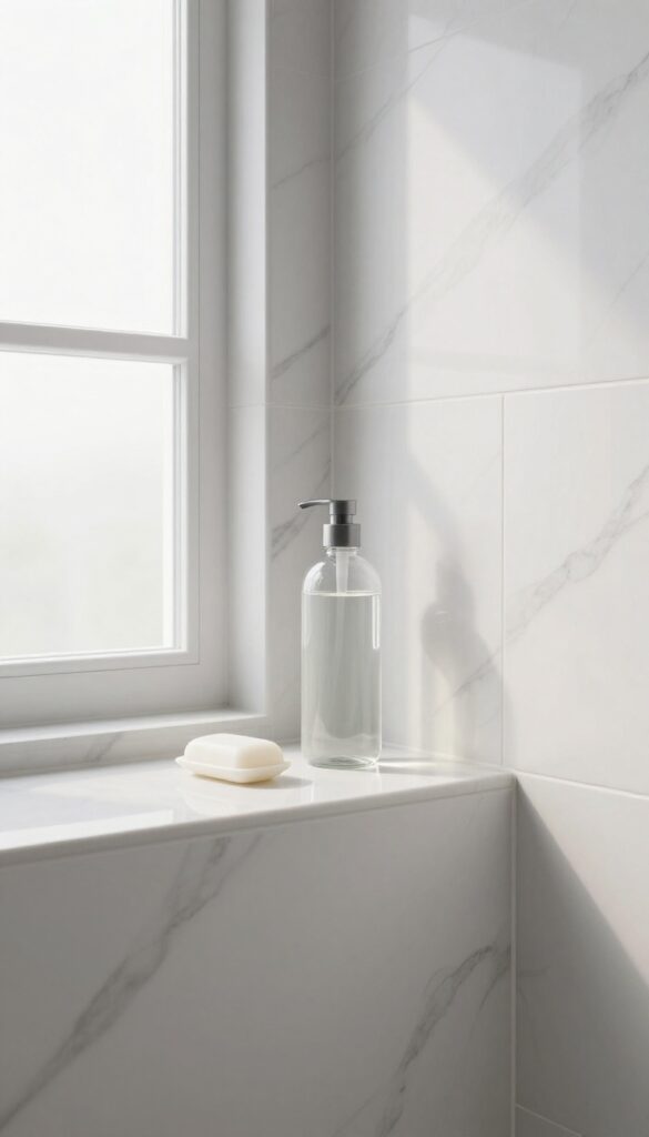 Corner niche in shower with seamless tile integration, holding shampoo and soap in natural light.