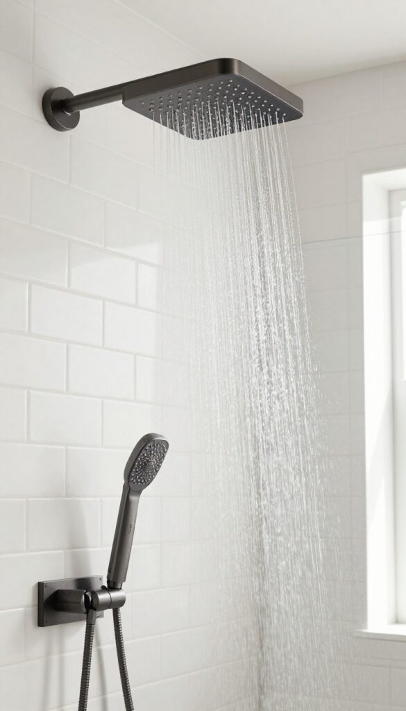 Oversized rectangular rain shower head in a modern bathroom with natural light and white tiles