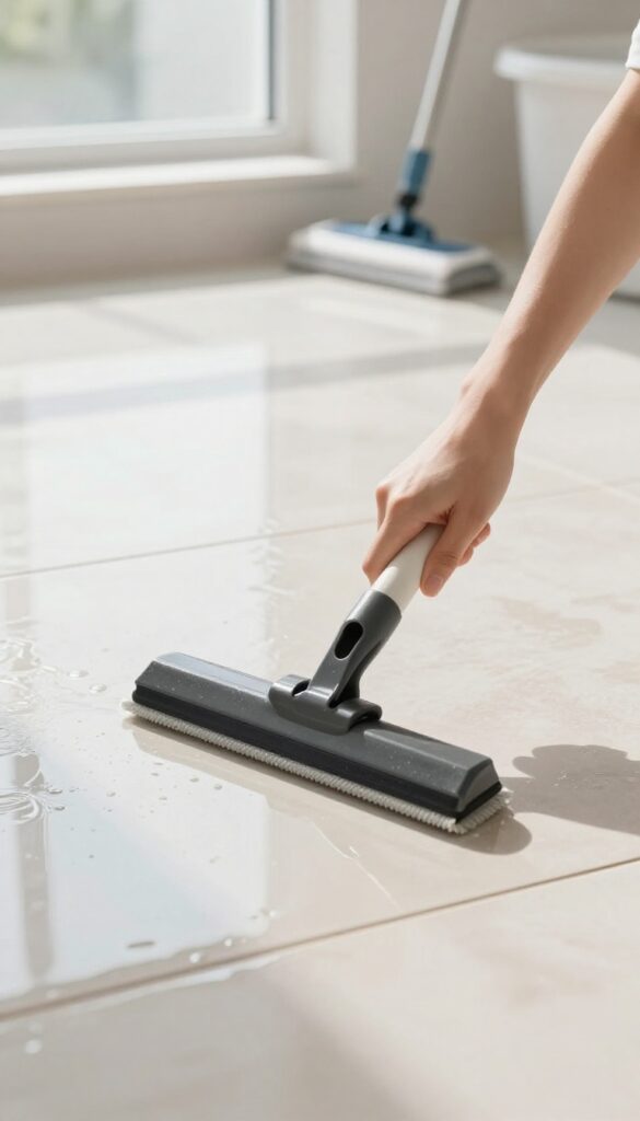 Person using a squeegee on wet tile floor for quick drying