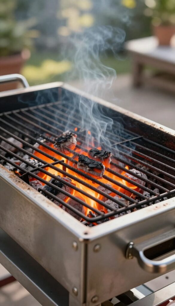Close-up of a hot grill grate during a high-heat burn-off, with glowing embers and smoke, outdoor setting with natural light.
