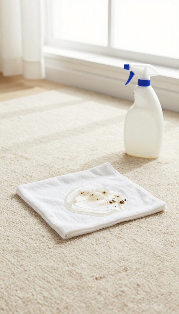 Person blotting a dried mud stain on carpet with a cloth and laundry detergent solution