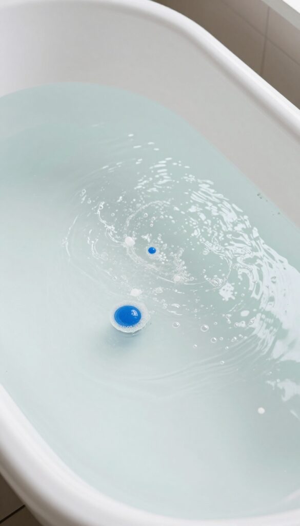 Bathtub filled with warm water, dish soap, and vinegar, with blinds soaking to remove dirt and grease.
