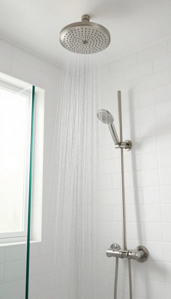 Small bathroom with ceiling-mounted rainfall showerhead, white tiles, glass door, natural light, spa-like atmosphere