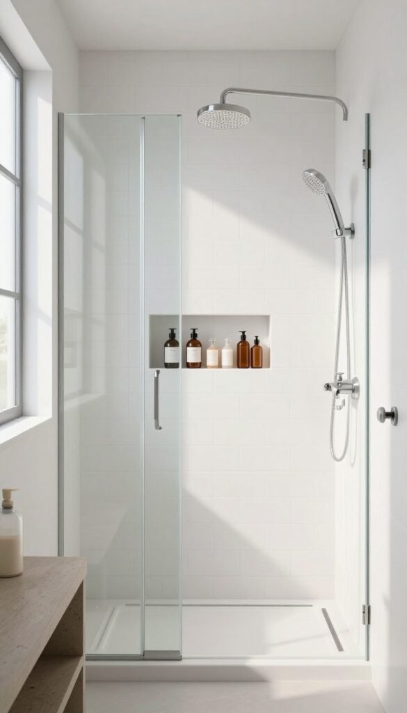 Small bathroom shower with built-in tile niche for storage, natural light, clean design