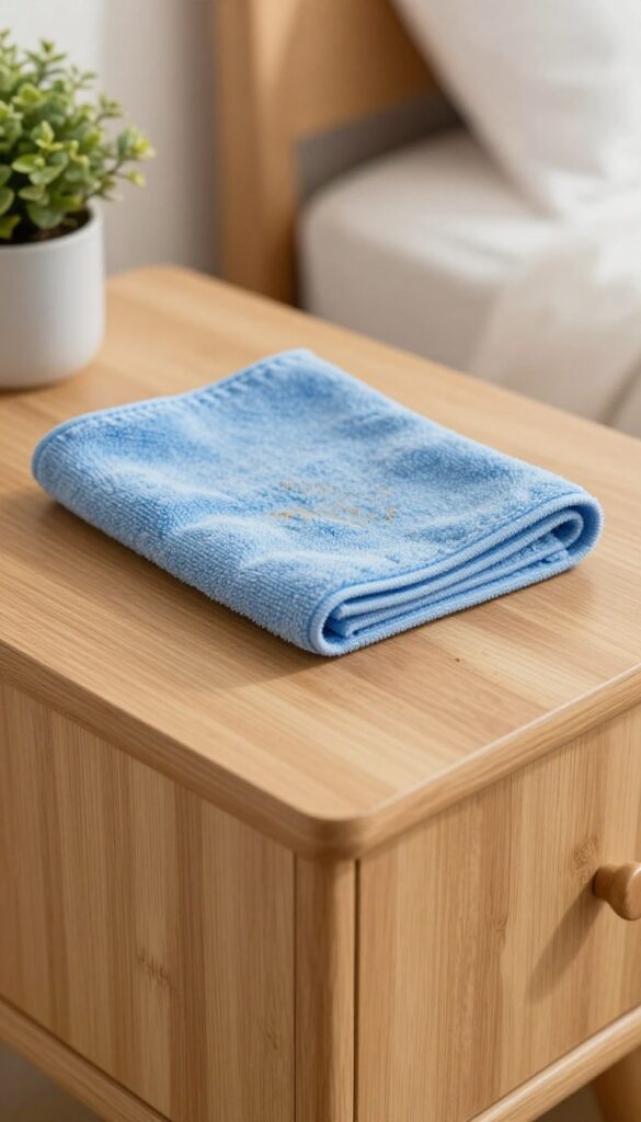 Microfiber cloth wiping a dusty nightstand in a bright bedroom