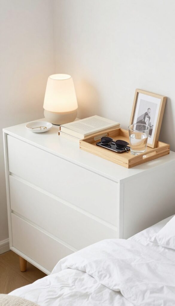 Clean and decluttered nightstand and dresser tops in a bright bedroom