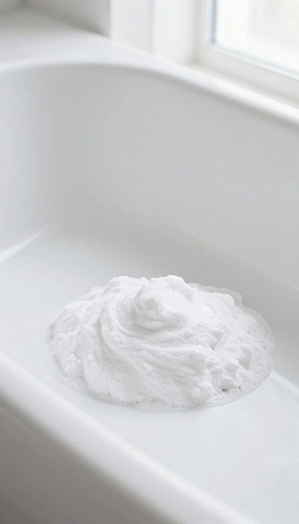 White bathtub surface covered with a thick layer of baking soda for cleaning
