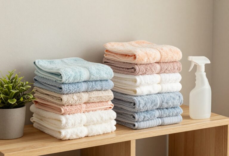 Stack of fresh, soft cleaning towels on a shelf with cleaning supplies